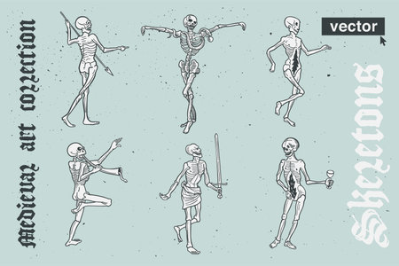Skeletons collection vector engraving style illustration. Medieval art with blackletter calligraphy. Perfect for retro labels, vintage logos, music album covers, circus posters, potions packaging, etcのイラスト素材