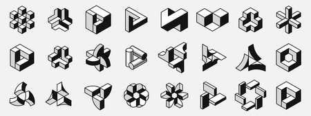 hexagon, triangle, cylinder, sector vector shapes. optical illusion signs. Retro 3d black and white logos with polka dot pattern on sides. Vector isometric icons for halftone label, postersのイラスト素材