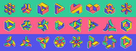 hexagon, triangle, cylinder, sector vector shapes. Optical illusion sign set. Modern handwritten 3d logos with paint shift. Vector isometric icon for childish label, toy company, posters.のイラスト素材