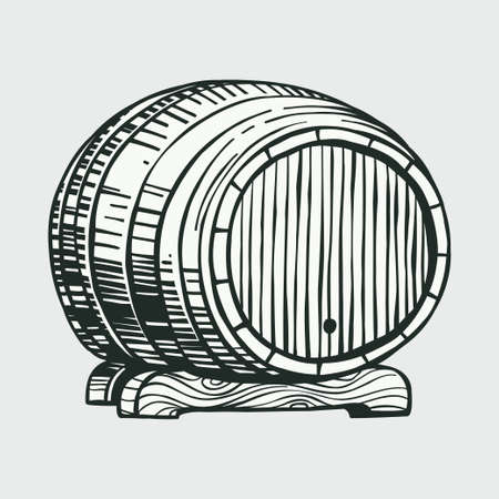 Wood barrel hand drawn engraving style illustration.  Perfect for beer festival invitations, bottle labels, posters, t-shirts, or banners.のイラスト素材