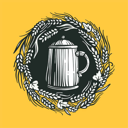 Beer mug inside wreath made of wheat and hops, hand drawn engraving style illustration.  Perfect for beer festival invitations, bottle labels, posters, t-shirts, or banners.のイラスト素材