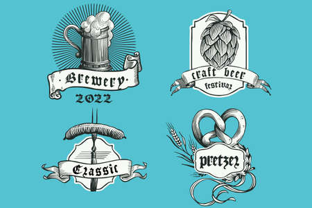 Vintage beer emblems, hand drawn engraving style illustration. vector set. Perfect for festival invitations, line drawing labels, brewery posters, bars t-shirts, sketch style banners.のイラスト素材