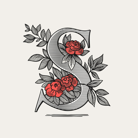 S letter logo with roses and leaves in medieval gothic style. Engraving drop cap icon. Perfect for retro style identity, music album covers, movie posters, luxury packaging, premium design.のイラスト素材
