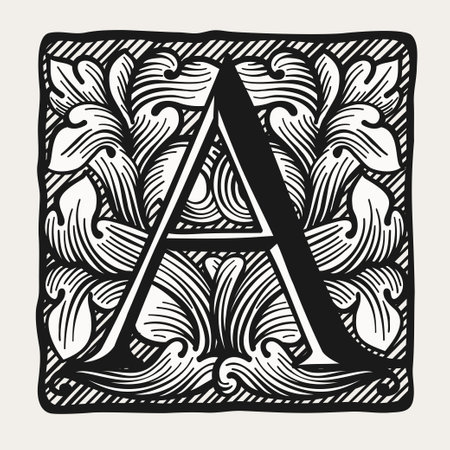 A letter logo in medieval gothic style. Engraving drop cap icon. Perfect for retro style identity, music album covers, movie posters, luxury packaging, premium design.のイラスト素材