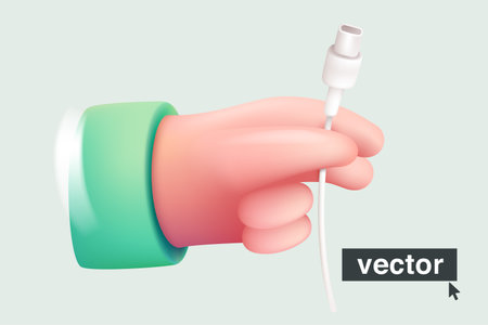 Hand holding charging cable. Realistic 3D design in cartoon style. vector illustration. Perfect for power banner, computer interface posters, electricity icons, mobile phones advertising.のイラスト素材