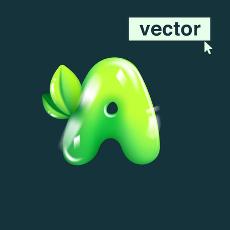 A letter eco logo in realistic 3D design and cartoon balloon style. Glossy green vector illustration. Perfect for agriculture banners, vibrant advertising, waste recycling art, healthy food packaging.のイラスト素材