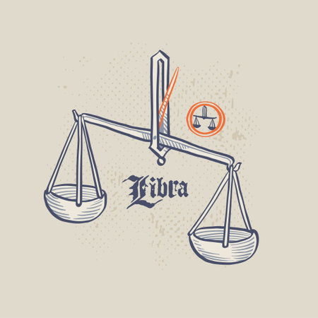 Balance zodiac sign. Astrology illustration in medieval engraving style with gothic lettering. Ink dim colored emblem perfect for vintage premium identity, horoscope posters, luxury packaging.のイラスト素材