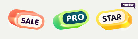 Pro, sale, and star tag. Rectangle cubic volume label. Realistic 3d design element in plastic cartoon style. Icons set isolated on white background. vector illustration.のイラスト素材