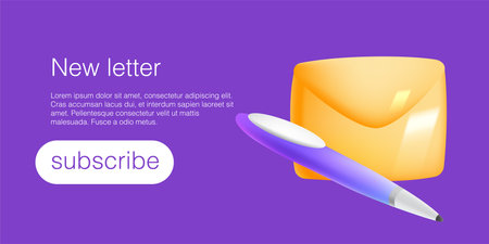 New letter banner with envelope and pen vector template in realistic 3d plastic cartoon style. concept for subscribe. Update time for creative web design page. Get notified reaction.のイラスト素材