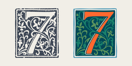 Number seven logo in medieval gothic style. Set of dim colored and monochrome grunge style icons. Engraved initial drop cap. Perfect for vintage identity, Middle Ages posters, luxury packaging.のイラスト素材