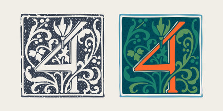 Number four logo in medieval gothic style. Set of dim colored and monochrome grunge style icons. Engraved initial drop cap. Perfect for vintage identity, Middle Ages posters, luxury packaging.のイラスト素材