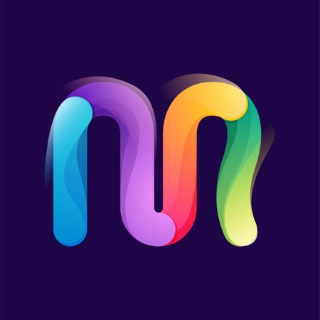 Letter M logo made of overlapping colorful lines. Rainbow vivid gradient modern icon. Vector one line typeface for tech branding design, nightlife labels, multimedia posters, futuristic identity etc.のイラスト素材
