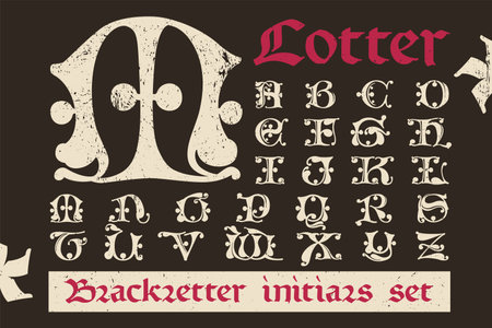 Drop cap alphabet set. Illuminated initials in old blackletter German style. All you need to precisely imitate medieval text. Decorative element for the beginning of a paragraph or section.のイラスト素材