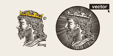 king with crown. Engraved portrait logo. Ink hatching style medieval emblems. Classic mascot for historical illustration, monarchy label, vintage shop, branding coin, supreme poster etc.のイラスト素材