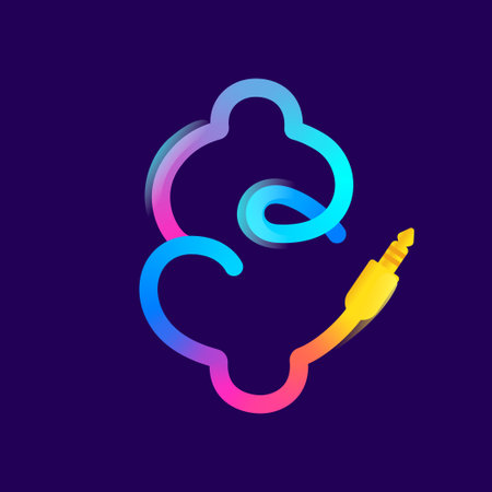Dollar sign logo made of vivid gradient line wire with mini jack icon and rainbow shine. Overlapping...