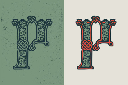 Ilustración de P letter logo in medieval knots lines style. Dim colored drop cap icon. Engraved barbarian emblem. Vintage illuminated initials. Perfect for vintage premium identity, Celtic posters, luxury packaging. - Imagen libre de derechos