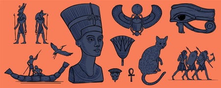 Eye of Horus, Nefertiti bust, stork, fisherman on papyrus boat, warriors, Horus falcon, Amun Ra, Anubis, cat, pharaoh, key of life, Amun Ra, Set, sacred Scarab. Engraving style vector illustration.のイラスト素材