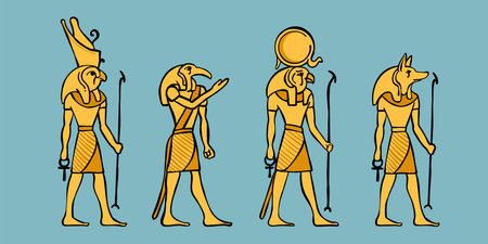 Amun Ra, Anubis, and Set engraving style vector illustration. Ancient Egypt's gods set. Vintage hand drawn emblem. Perfect for premium identity, travel agency posters, African packaging.のイラスト素材