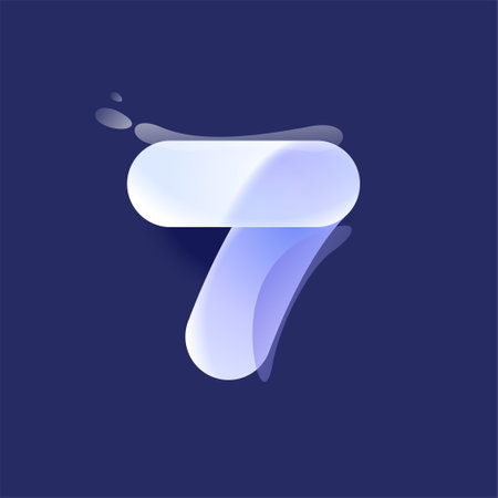 Number seven lilac colored logo in Glassmorphism style. Overlapping lines icon with glow, gradient, splashes. Frosted transparent blur emblem. Perfect for app, modern design, vibrant advertising.のイラスト素材