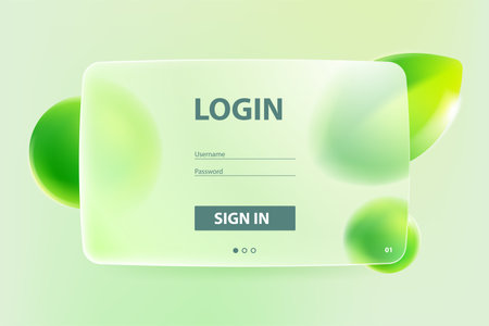 Transparent eco friendly login form in glassmorphism style. Frosted matte glass screen with blurred floating green leaves and spheres. Vector background for nature app, summer banner, organic design.の写真素材