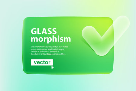 Green card screen in Glassmorphism style with transparent checkmark icon. 3D tick logo. Eco-friendly vector template for payment app, business, and advertising banners, receipt design.のイラスト素材