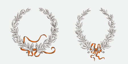 Vector circle and oval olive wreaths. Illustration of US history and 4th of July celebration in engraving style. Perfect for independence day cards, invitations, banners.のイラスト素材