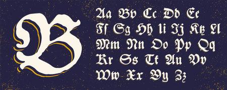 Blackletter alphabet with line shadow. Medieval drop caps. Vintage illuminated initials set. Horror gothic icon font. Perfect for retro style identity, grunge labels, pirate emblem, luxury design.のイラスト素材