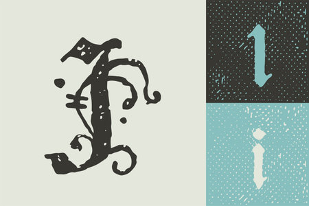 I letter drop cap logo. Illuminated initial and blackletter uppercase and lowercase. All you need to precisely imitate medieval text. Decorative element for the beginning of a paragraph or section.のイラスト素材