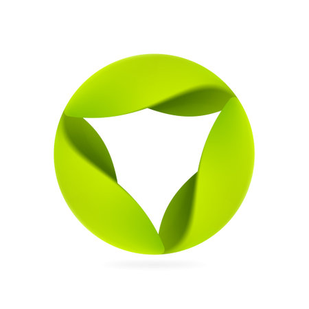 Ecology sphere logo made of twisted green leaves. Soft round icon. Three parts emblem. Vector elements for nature app, vegan branding, organic identity, creative t-shirts, eco advertising.のイラスト素材