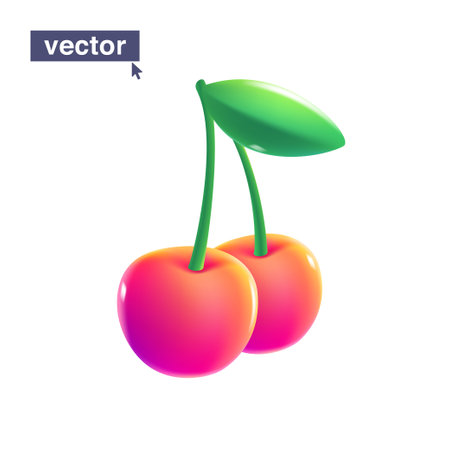 Two ripe cherries with petiole and green leaf. Juicy vector emoji illustration. Pure fruit logo for vegetarians. Realistic 3D render design in shiny cartoon style. Vivid icon on white background.のイラスト素材
