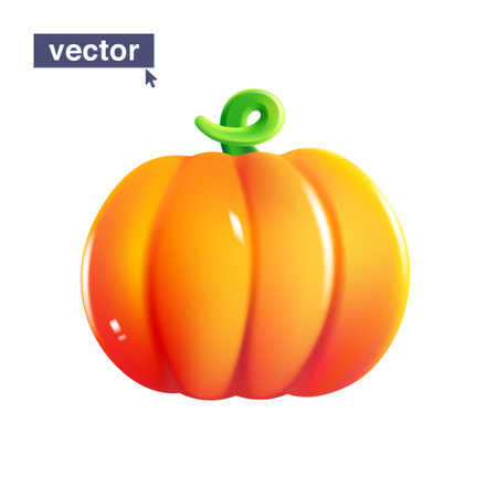 Orange pumpkin with curved petiole, juicy vector emoji illustration. Pure vegetable logo for vegans. Realistic 3D render design element in shiny cartoon style. Vivid icon on white background.のイラスト素材