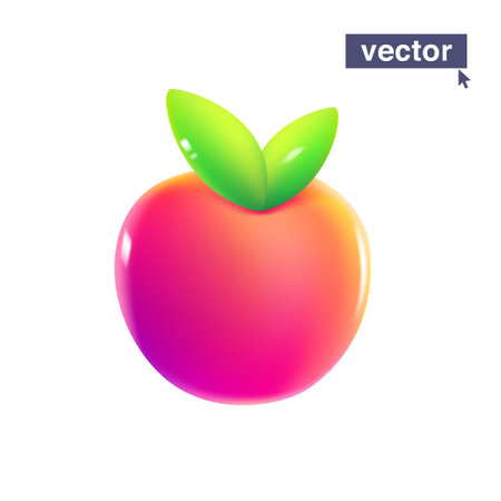 Red apple with green leaf, juicy vector emoji illustration. Pure fruit logo for vegetarians. Realistic 3D render design element in plastic cartoon style. Vivid icon on white background.のイラスト素材