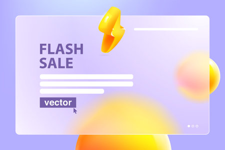 Transparent presentation screen in Glassmorphism style with lightning logo. Mate glass with blur effect. Realistic vector 3D render. UI element for sale banner, Cyber Monday, Black Friday ads.のイラスト素材
