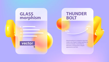 Glassmorphism infographics charts concept with lightning and spheres. Mate glass with blur effect. Realistic vector 3D render illustration. UI element for banner, Cyber Monday sale, Black Friday ads.のイラスト素材