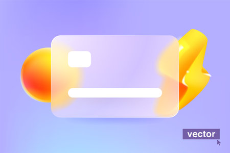 Glassmorphism credit card with lightning icon and sphere. Transparent plastic with blur effect. Banking elements for Cyber Monday sale, Black Friday ads, online payment, favorite business transaction.のイラスト素材