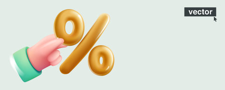 Hand holding gold percent sign. Realistic vector 3D illustration in cartoon style. Perfect UI template for social media banners, banking design, Black Friday Christmas and New Year Sale advertising.のイラスト素材