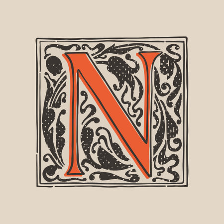 N letter drop cap logo in medieval engraving style. Blackletter square initial. Illuminated dark-age emblem with lush foliage and tulips. Perfect for vintage identity, gothic posters, luxury packagingのイラスト素材