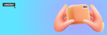 Hand holding cardboard box with mail barcode. Realistic 3D square shape paper package. Vector illustration in fun plastic style. Perfect template for delivery, transportation, online shopping banner.のイラスト素材
