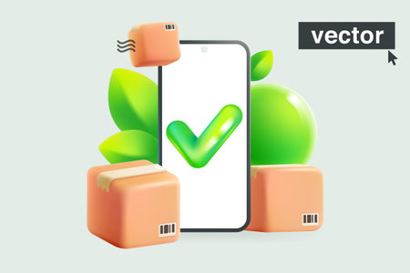 Cardboard box illustration with smartphone, green leaves and sphere. Eco friendly template in Realistic 3D style. Vector illustration in fun plastic style. Perfect template for mail, online shopping.のイラスト素材