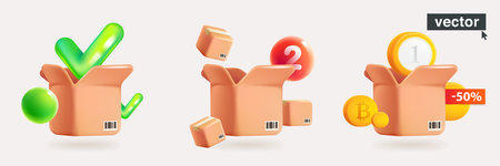 Cardboard box illustration with smartphone, green check mark, gold coins. Realistic 3D style icons set. Vector illustration in fun plastic style. Perfect template for shipping, mail, online shopping.の写真素材