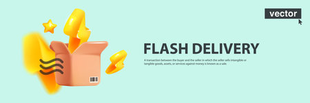 Delivery banner with cardboard boxes and lightning icons. Realistic 3D square shape paper package. Vector illustration in fun plastic style. Perfect template for shipping, mail, online shopping.のイラスト素材