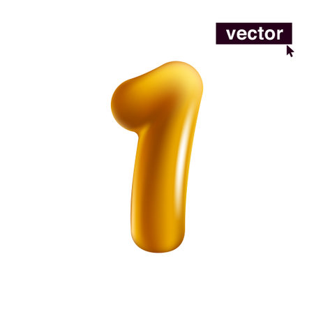 Number 1. Metallic golden one sign. Realistic 3D design in cartoon fun style on white background. Vector illustration for Black Friday, Christmas and New Year Sale, end of season special offer.のイラスト素材