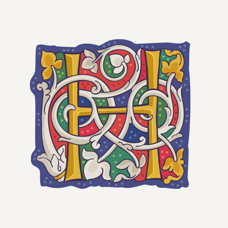 H letter drop cap logo with interlaced vine and gilding calligraphy elements. Renaissance initial emblem in white rose style. Medieval dim colored fancy luxury icon based on Ottonian and Romanesque.のイラスト素材