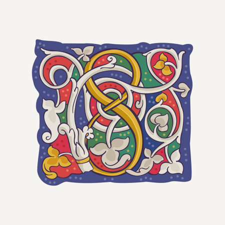 8 logo. Number eight drop cap with interlaced vine and gilding calligraphy elements. Renaissance initial emblem in white rose style. Medieval dim colored luxury icon based on Ottonian and Romanesque.のイラスト素材