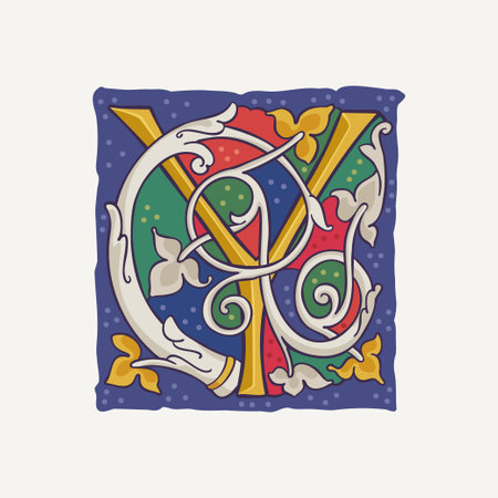 Y letter drop cap logo with interlaced vine and gilding calligraphy elements. Renaissance initial emblem in white rose style. Medieval dim colored fancy luxury icon based on Ottonian and Romanesque.のイラスト素材