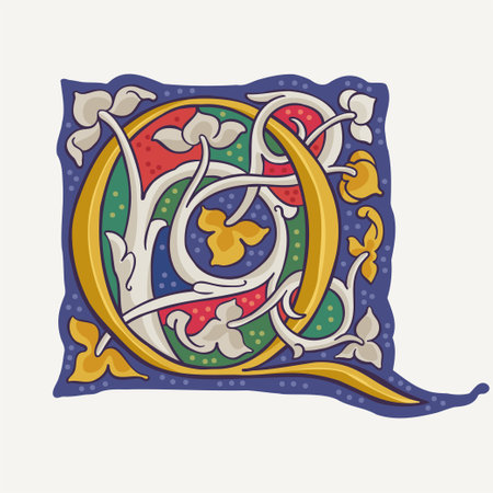 Q letter drop cap logo with interlaced vine and gilding calligraphy elements. Renaissance initial emblem in white rose style. Medieval dim colored fancy luxury icon based on Ottonian and Romanesque.のイラスト素材