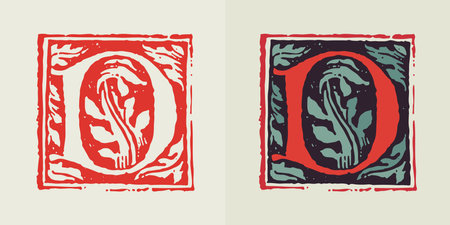 D letter medieval gothic initial. Blackletter style drop cap logo. Dim colored and monochrome square shaped illuminated calligraphy. Perfect for Middle Ages poster, vintage identity, historical items.のイラスト素材