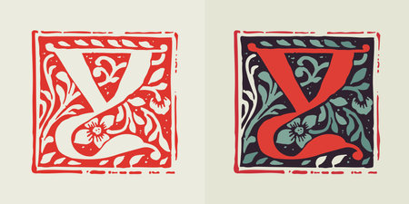 Y letter medieval gothic initial. Blackletter style drop cap logo. Dim colored and monochrome square shaped illuminated calligraphy. Perfect for Middle Ages poster, vintage identity, historical items.のイラスト素材