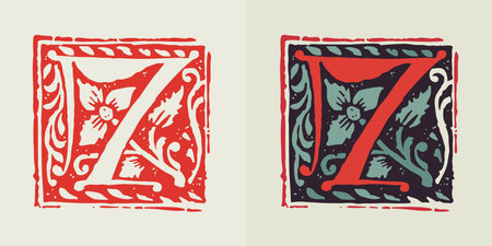 Number 7. Medieval gothic initial of number seven. Blackletter style drop cap logo. Dim colored and monochrome square shaped illuminated calligraphy. Perfect for Middle Ages poster, vintage identity.のイラスト素材