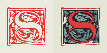 Number 8. Medieval gothic initial of number eight. Blackletter style drop cap logo. Dim colored and monochrome square shaped illuminated calligraphy. Perfect for Middle Ages poster, vintage identity.のイラスト素材